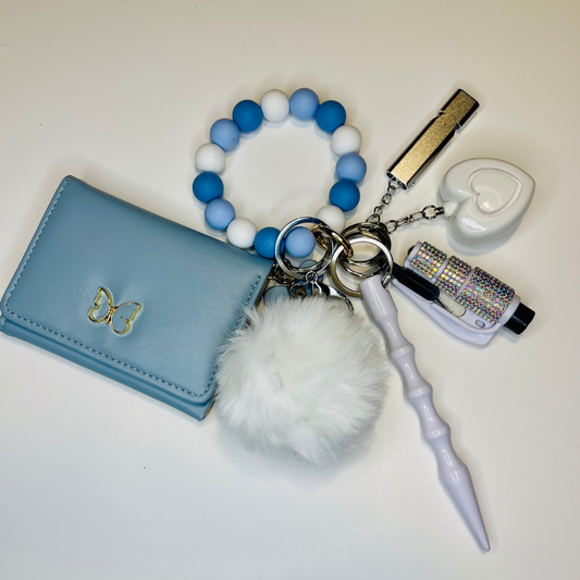 Light Blue Butterfly Beaded Wristlet with Card Wallet Safety Keychain