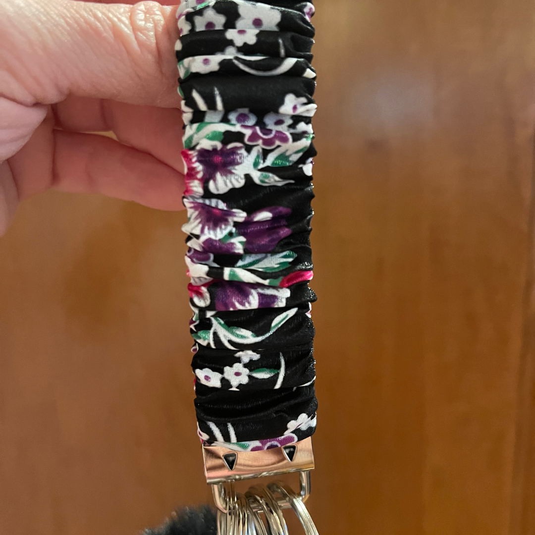 Black Floral Scrunchie Wristlet Safety Keychain