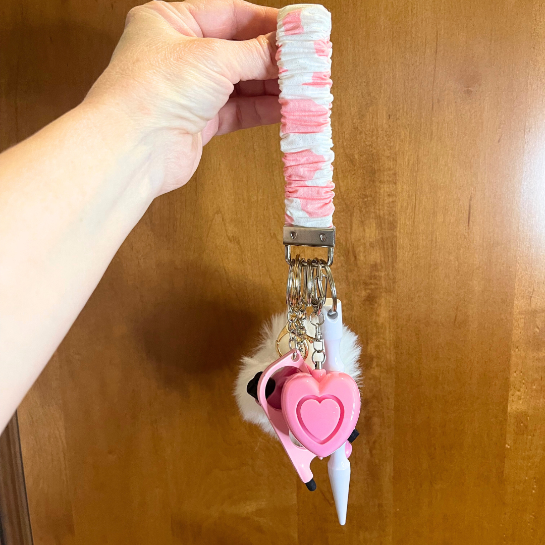 Pink and White Cow Print Scrunchie Wristlet Safety Keychain