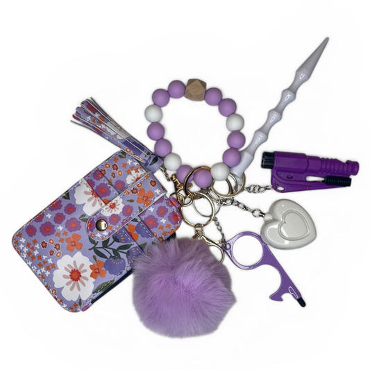 Violet Bloom Beaded Wristlet with Card Wallet Safety Keychain