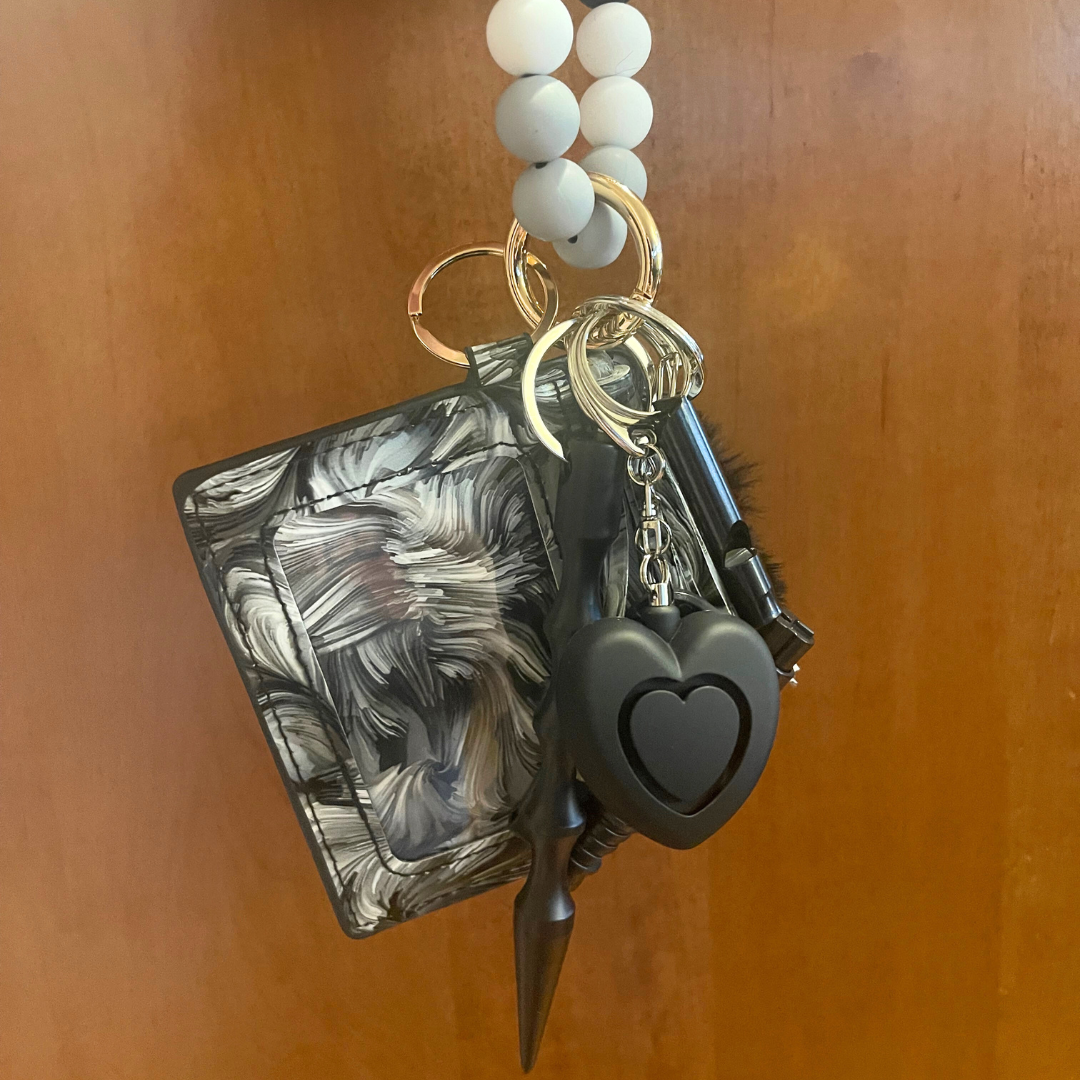 Black & White Marble Beaded Wristlet with Card Wallet Safety Keychain