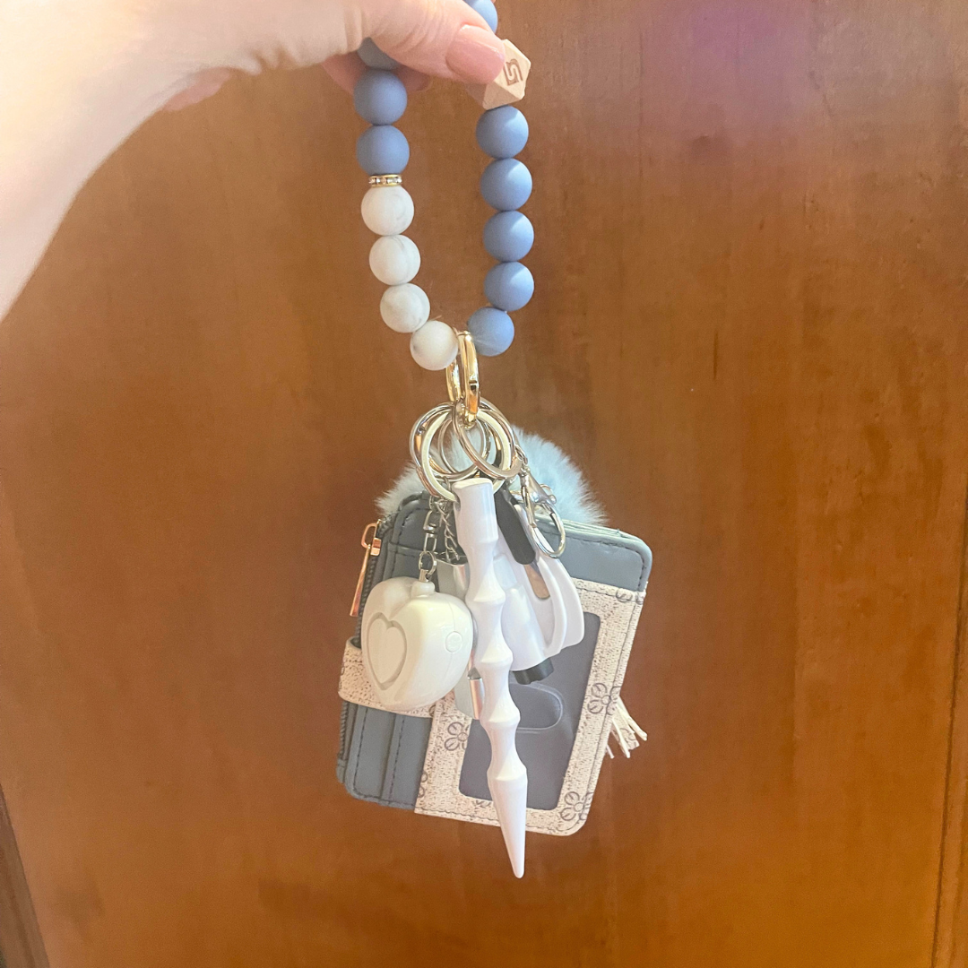 Soft Blue Floral Beaded Wristlet with Card Wallet Safety Keychain
