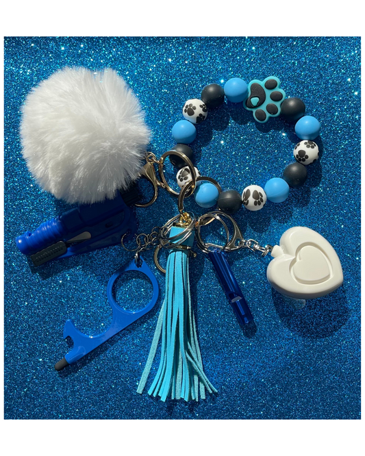 Blue Paw Print Beaded Wristlet Safety Keychain