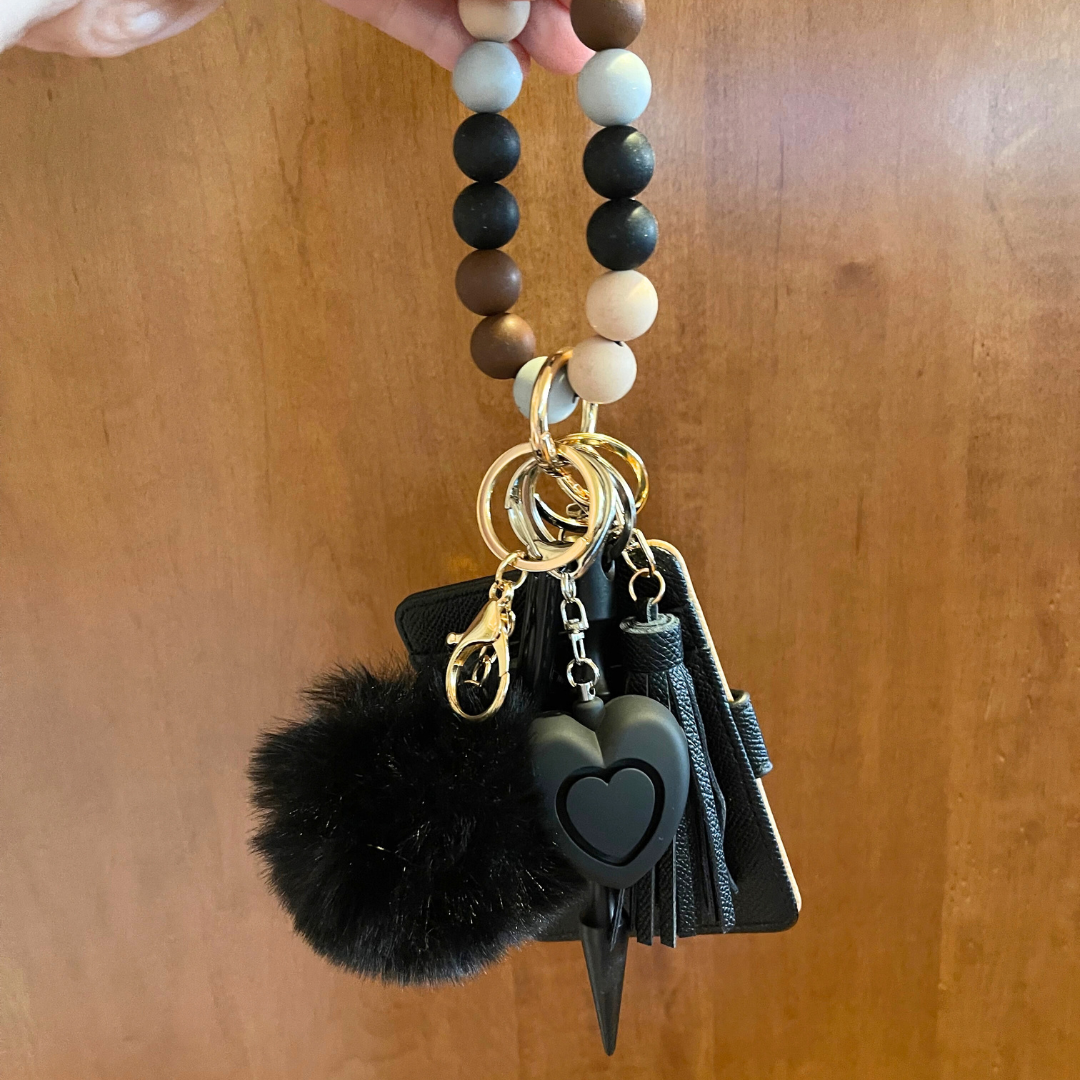 Soft Neutral Beaded Wristlet with Card Wallet Safety Keychain