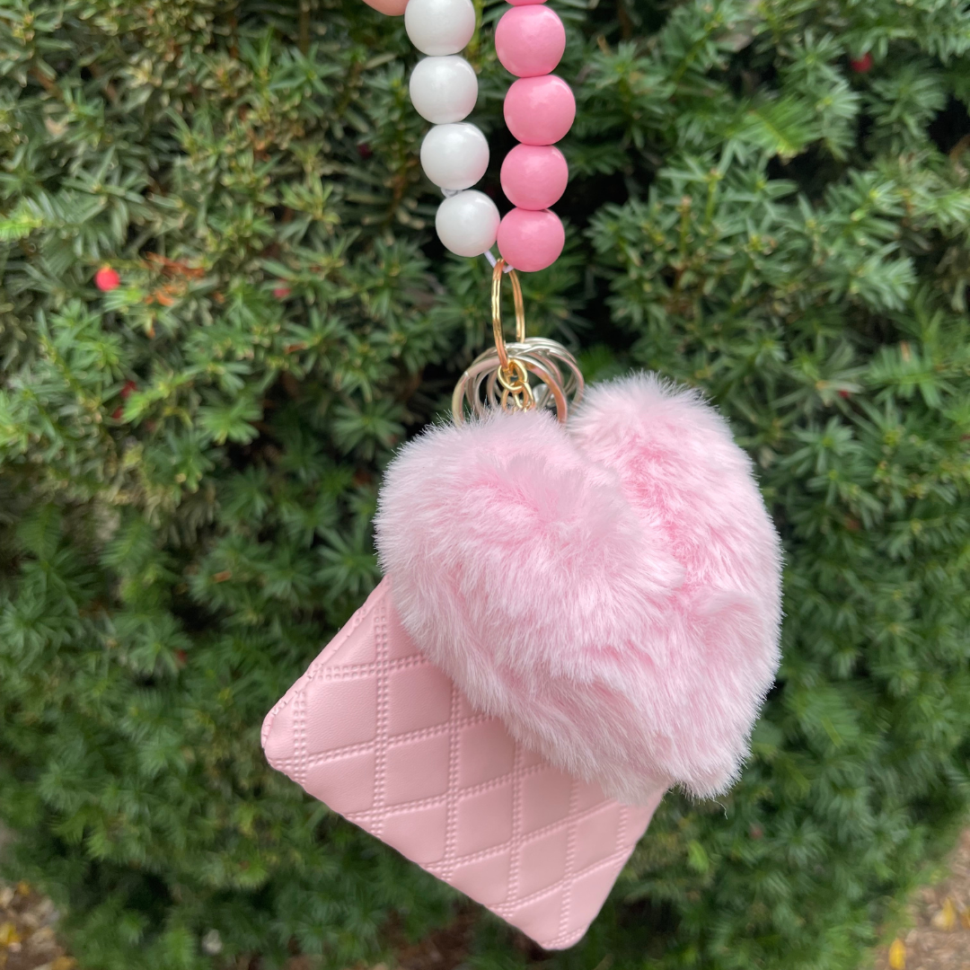 Pretty in Pink Beaded Wristlet with Coin Wallet Safety Keychain
