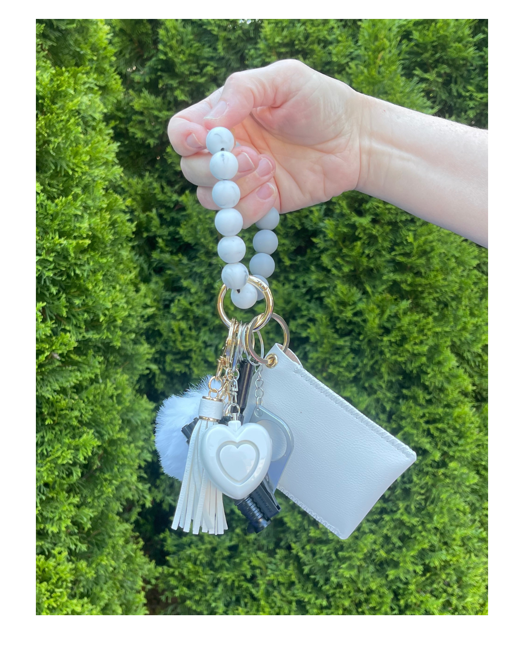 Ivory Beaded Wristlet With Card Wallet Safety Keychain