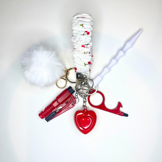 White & Red Cherries Scrunchie Wristlet Safety Keychain