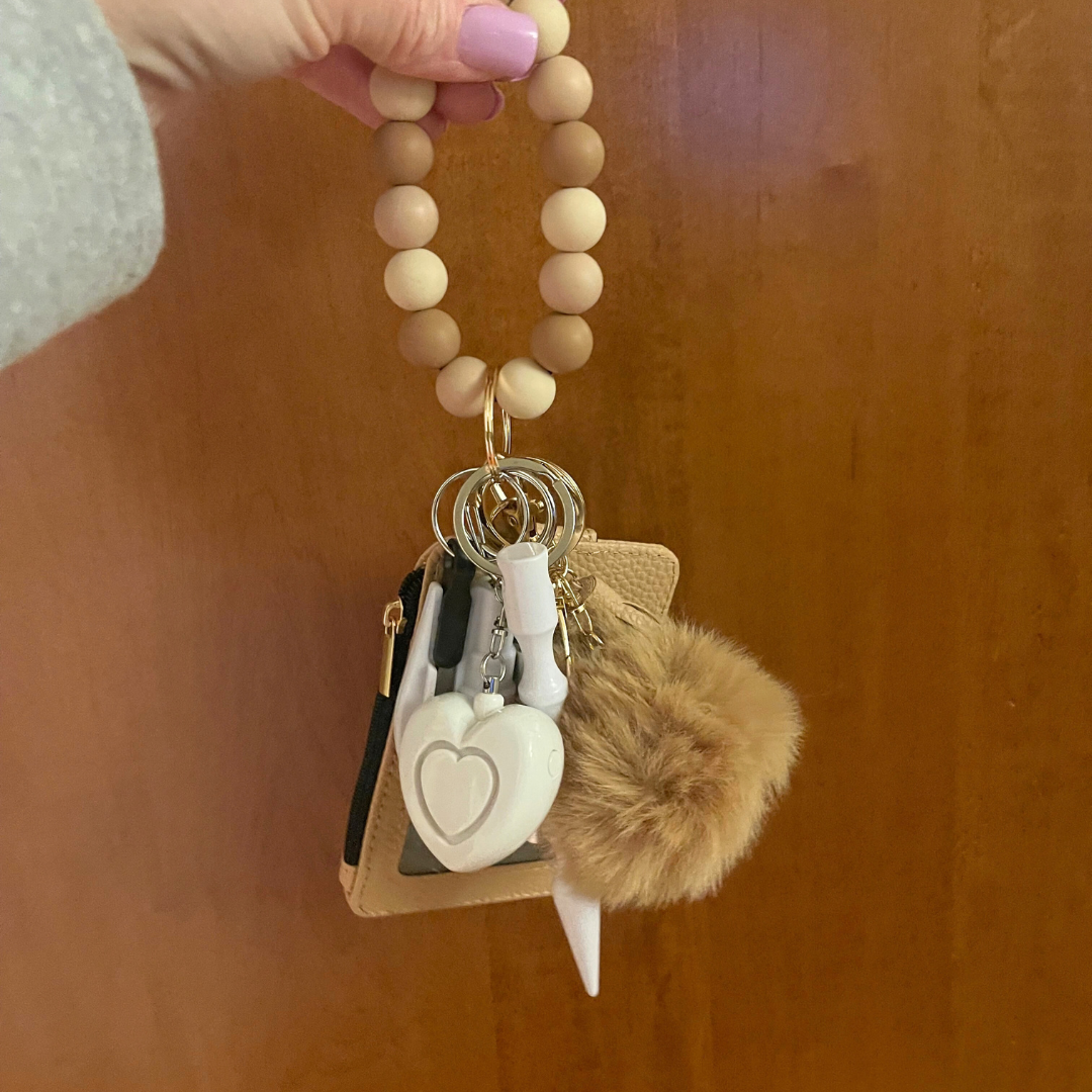 Khaki Beaded Wristlet with Card Wallet Safety Keychain