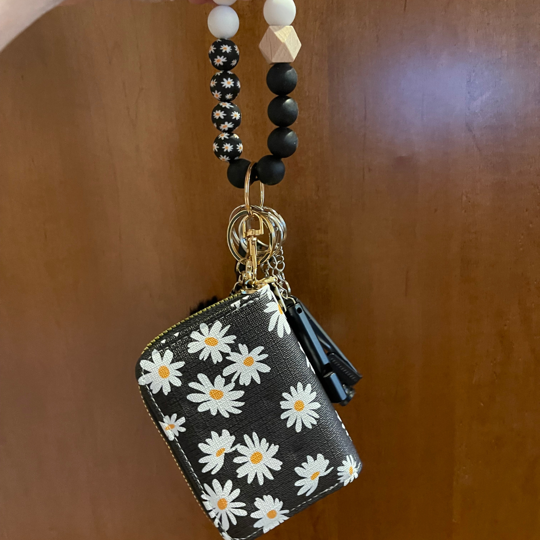 Black and White Daisy Wristlet with Card Wallet Safety Keychain
