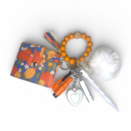 Orange Fruit Beaded Wristlet with Card Wallet Safety Keychain