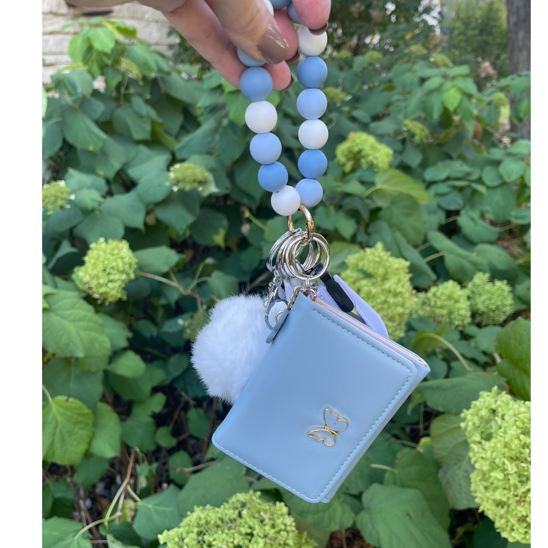 Light Blue Butterfly Beaded Wristlet with Card Wallet Safety Keychain