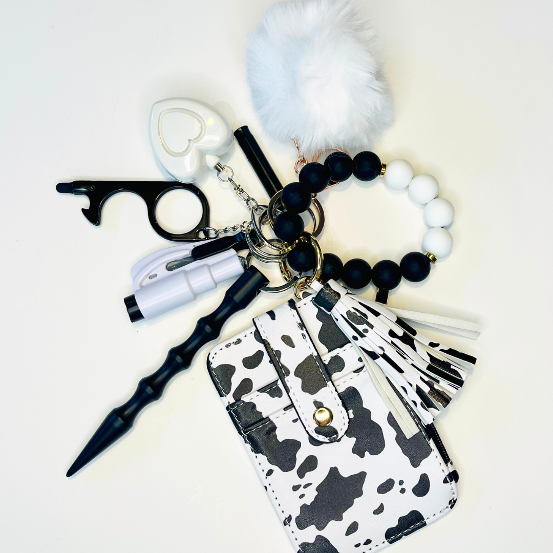 Cow Print Beaded Wristlet with Card Wallet Safety Keychain