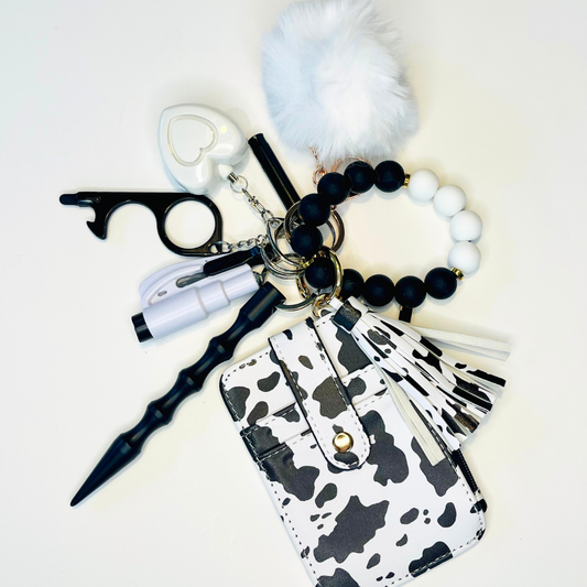 Cow Print Beaded Wristlet with Card Wallet Safety Keychain