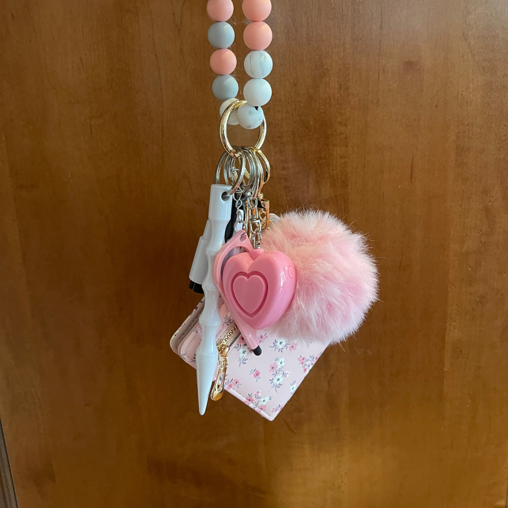 Pink Meadow Beaded Wristlet with Card Wallet Safety Keychain