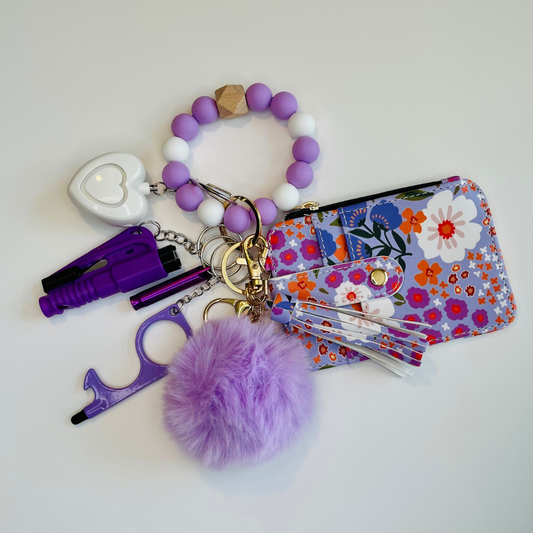 Violet Bloom Beaded Wristlet with Card Wallet Safety Keychain