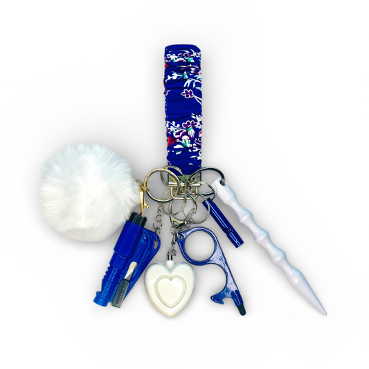 Blue Floral Scrunchie Wristlet Safety Keychain