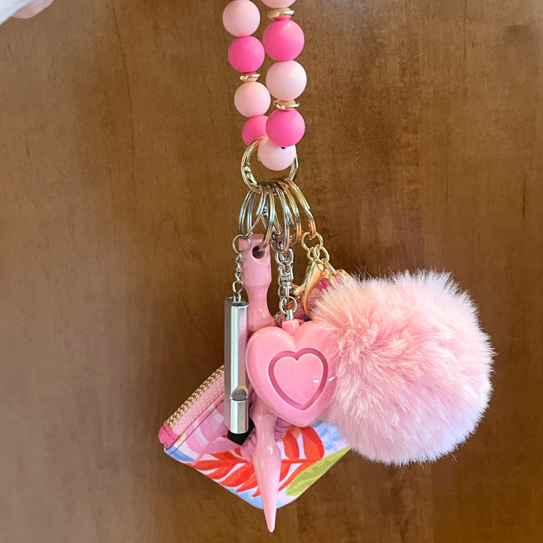 Pink Paradise Beaded Wristlet with Coin Wallet Safety Keychain