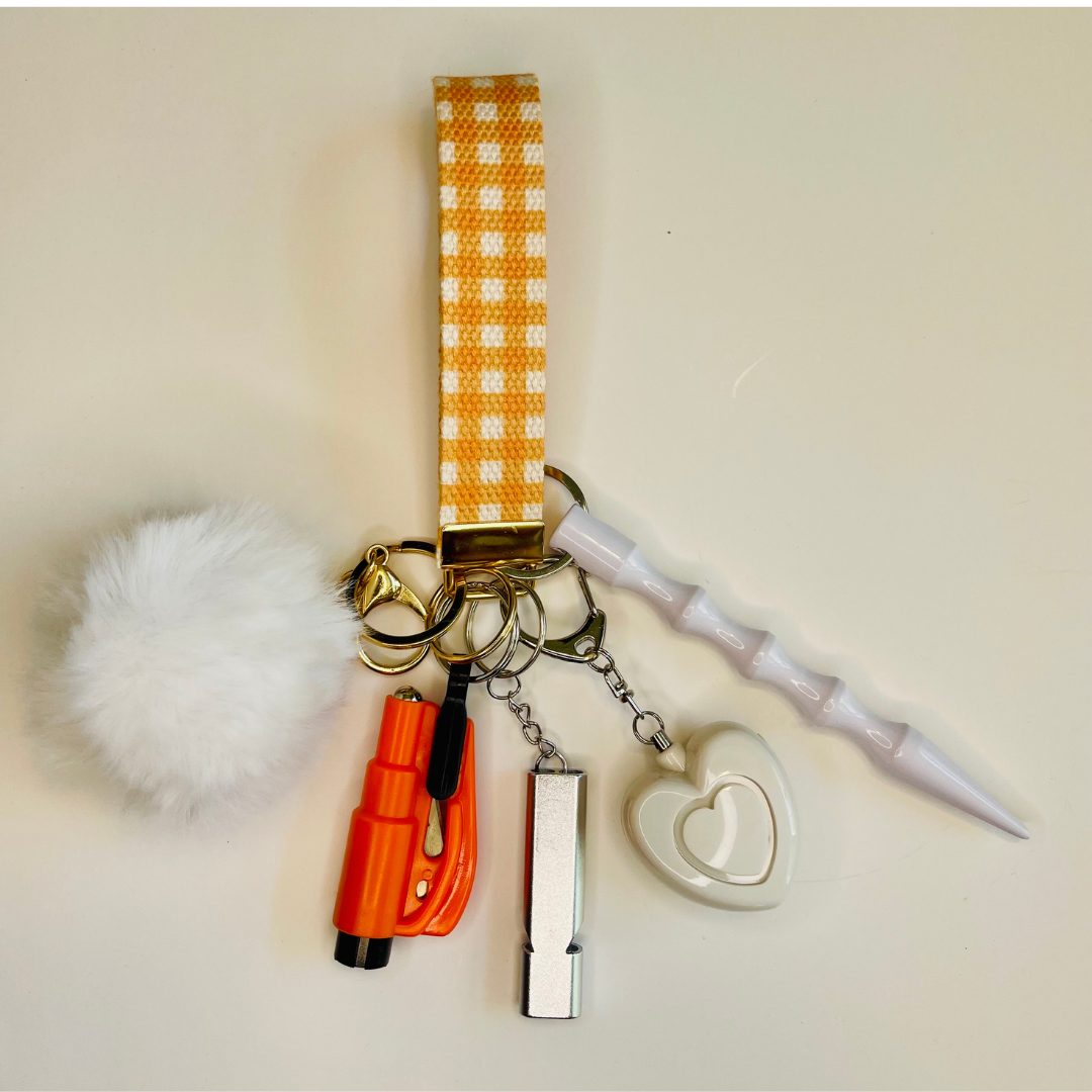 Orange & White Plaid Wristlet Safety Keychain