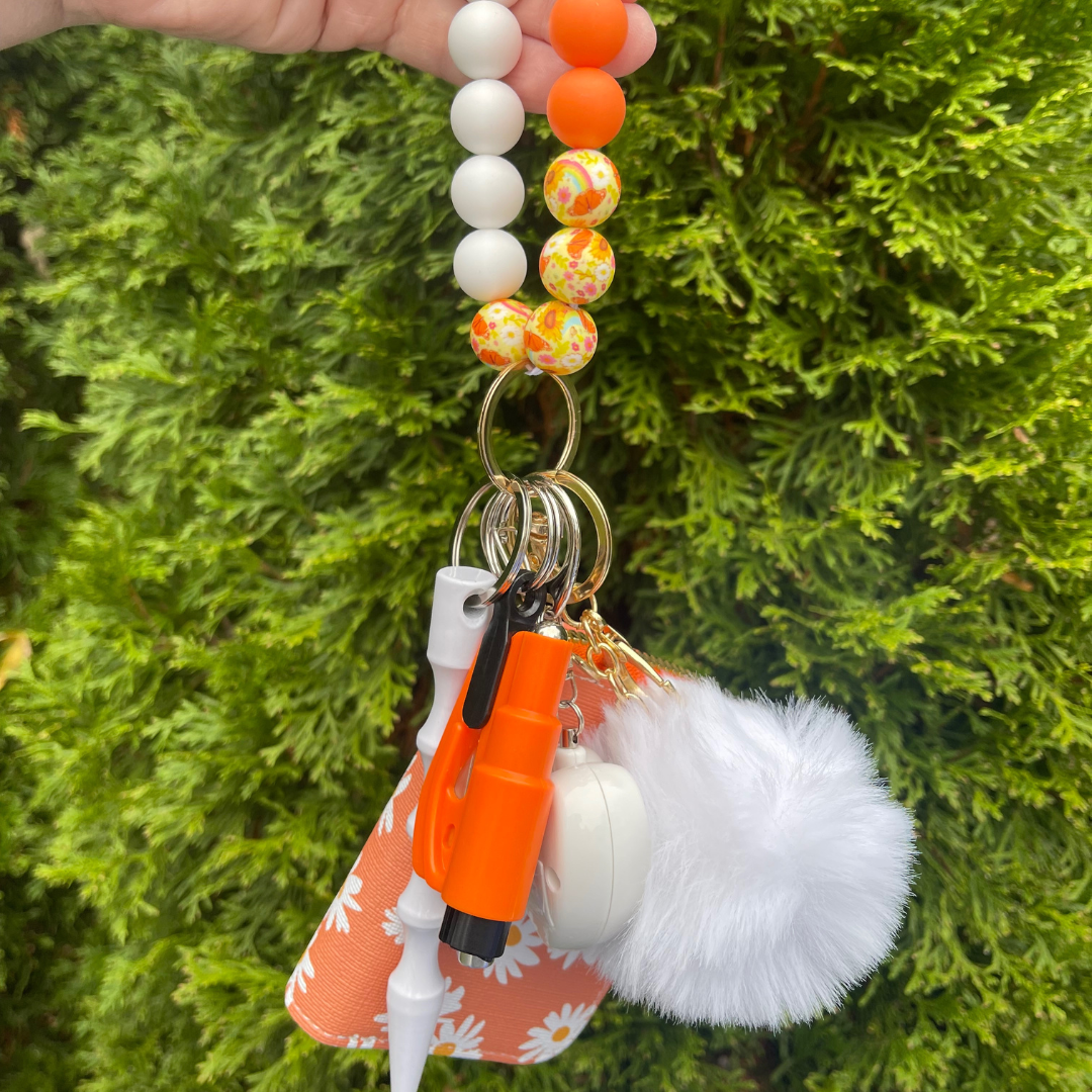 Orange and White Daisy Wristlet with Card Wallet Safety Keychain