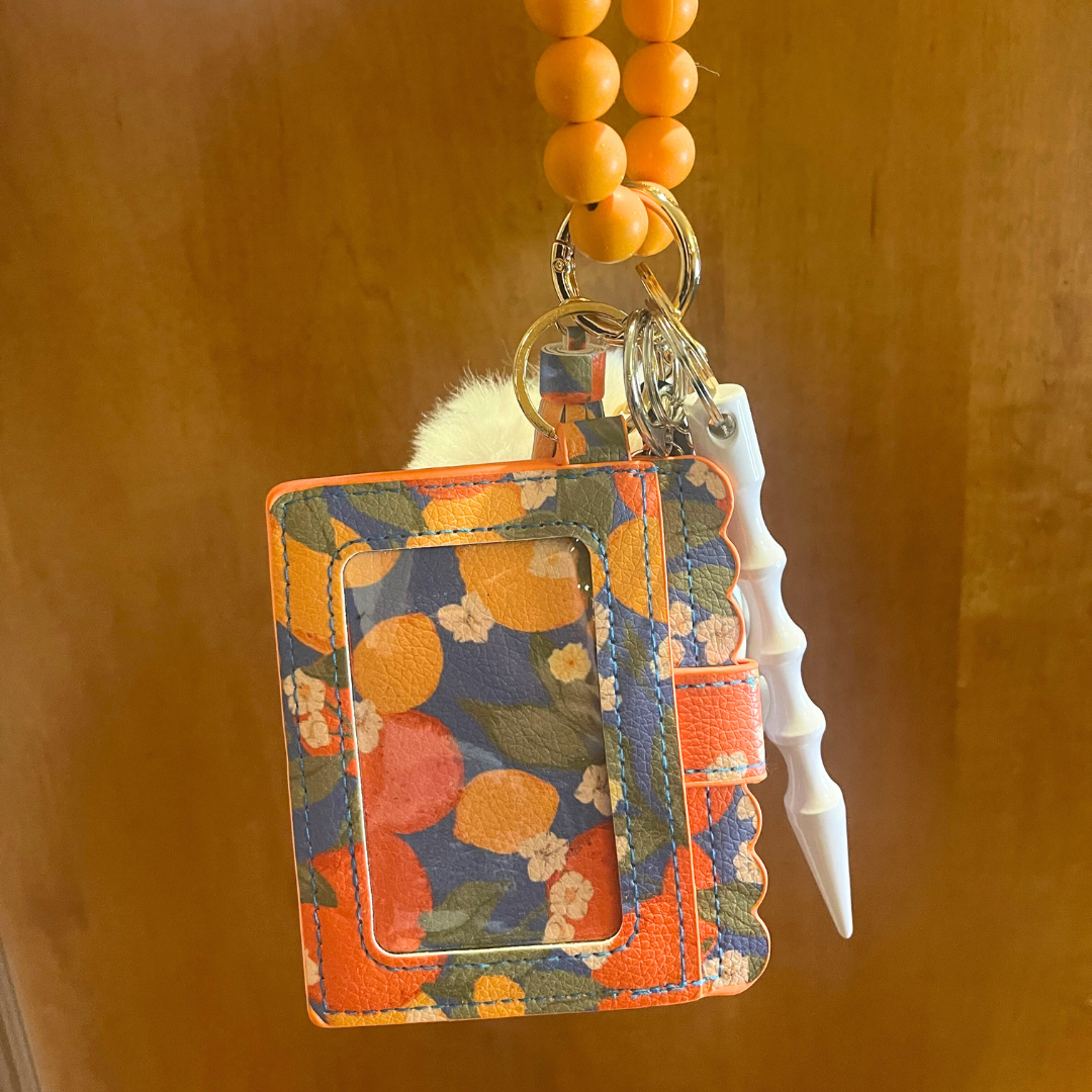 Orange Fruit Beaded Wristlet with Card Wallet Safety Keychain