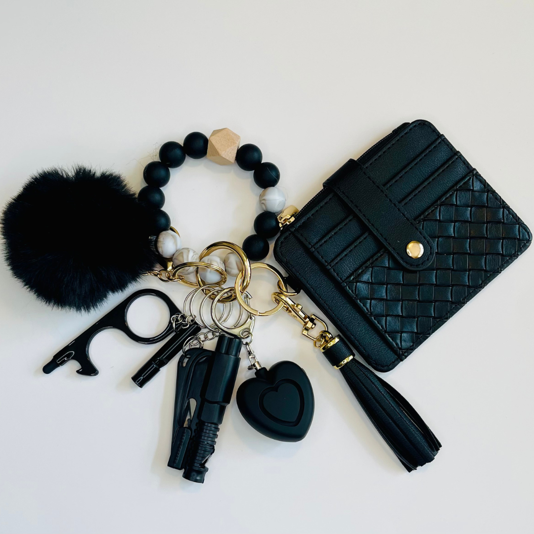 Onyx Loop Beaded Wristlet With Card Wallet Safety Keychain
