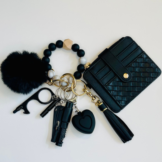 Onyx Loop Beaded Wristlet With Card Wallet Safety Keychain