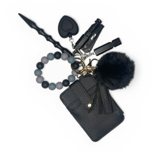 Classic Onyx Beaded Wristlet with Card Wallet Safety Keychain