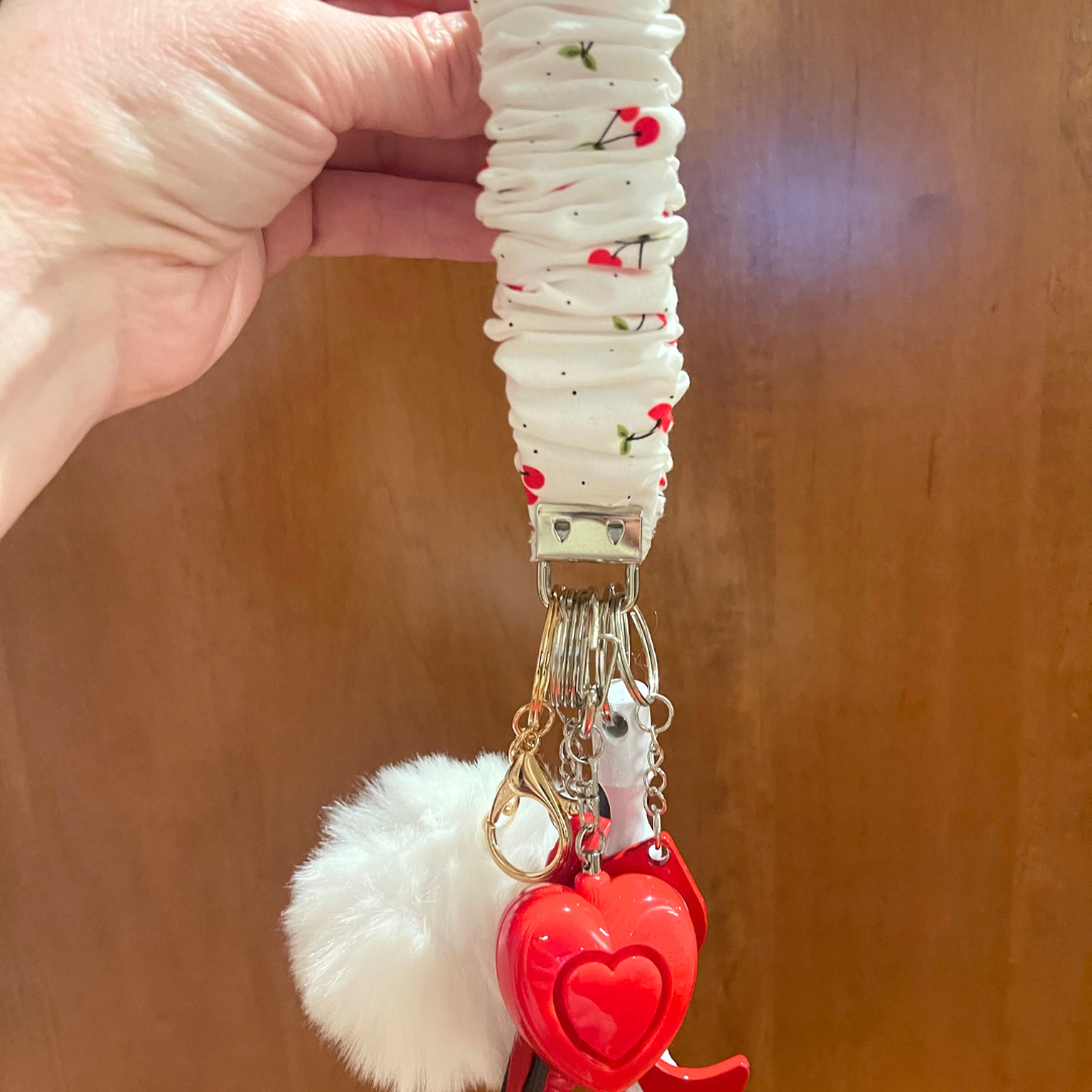 White & Red Cherries Scrunchie Wristlet Safety Keychain