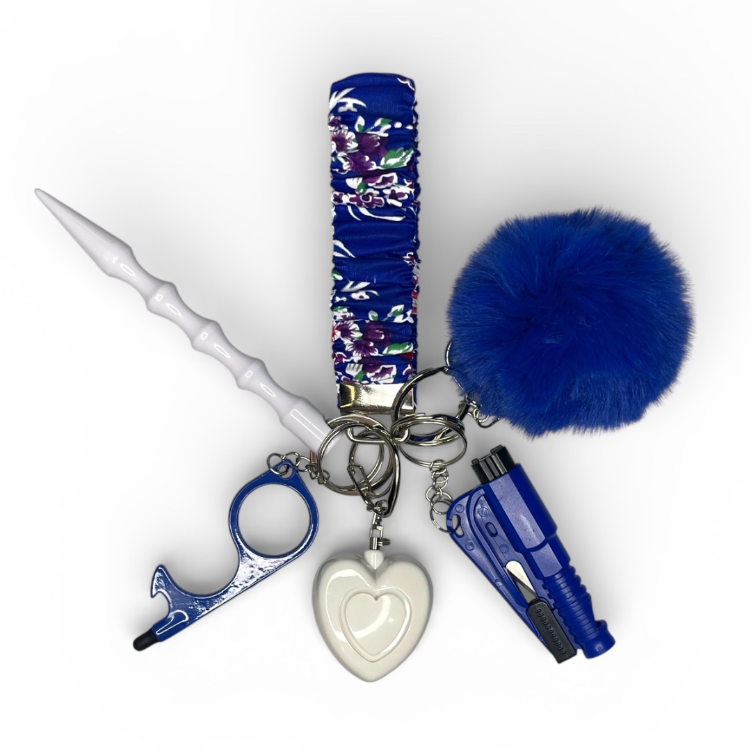 Blue Floral Scrunchie Wristlet Safety Keychain