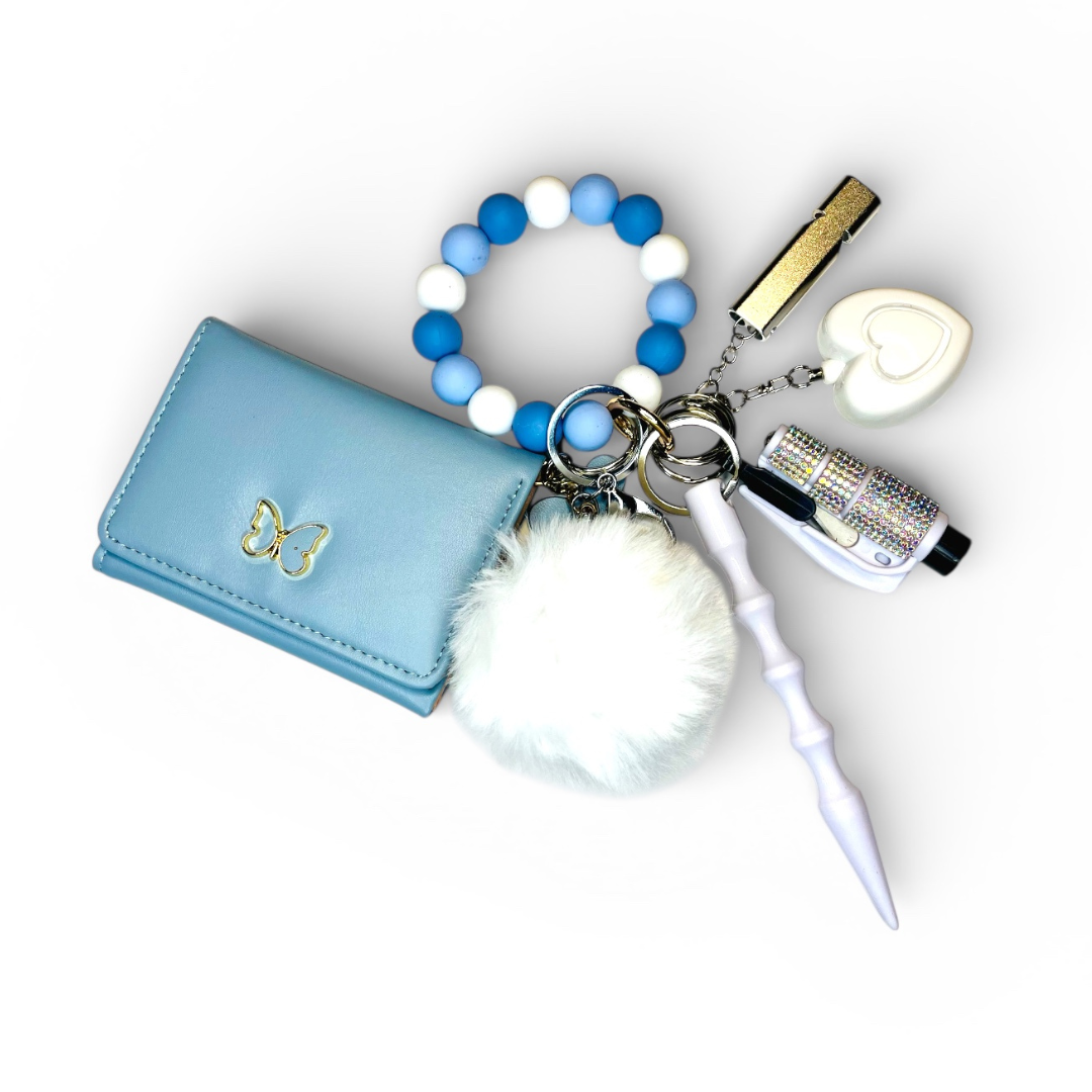 Light Blue Butterfly Beaded Wristlet with Card Wallet Safety Keychain