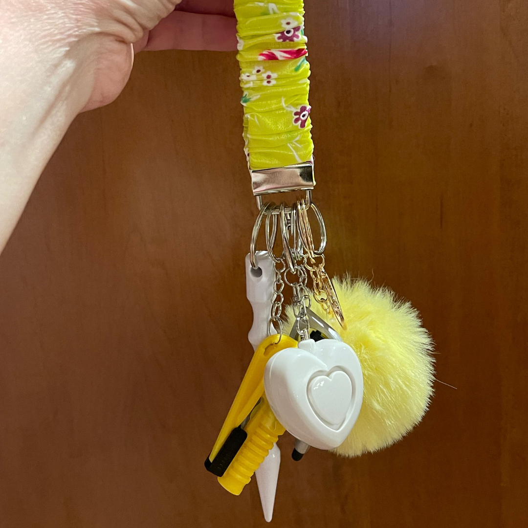 Yellow Floral Scrunchie Wristlet Safety Keychain
