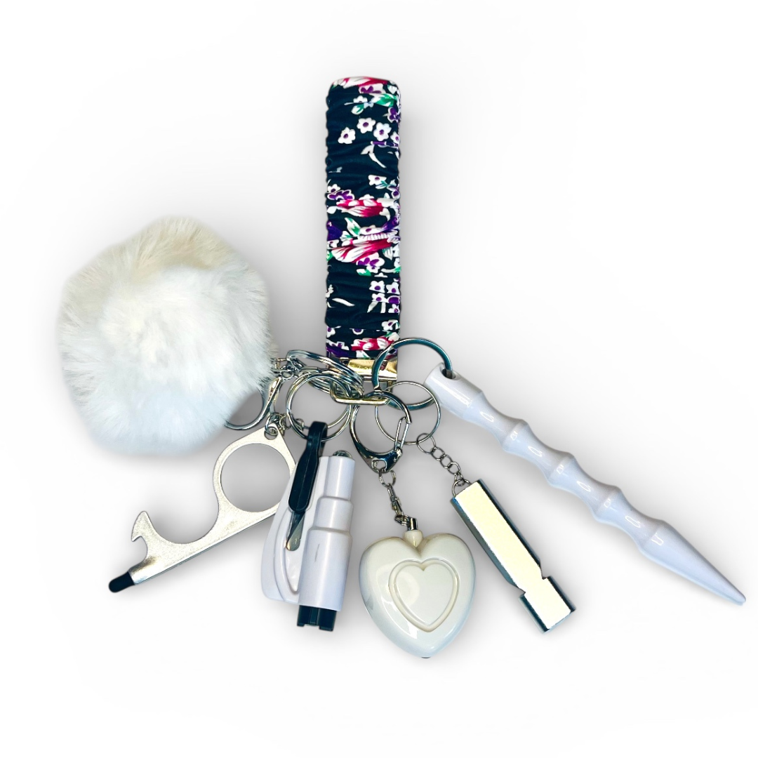 Black Floral Scrunchie Wristlet Safety Keychain