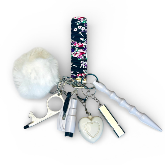 Black Floral Scrunchie Wristlet Safety Keychain