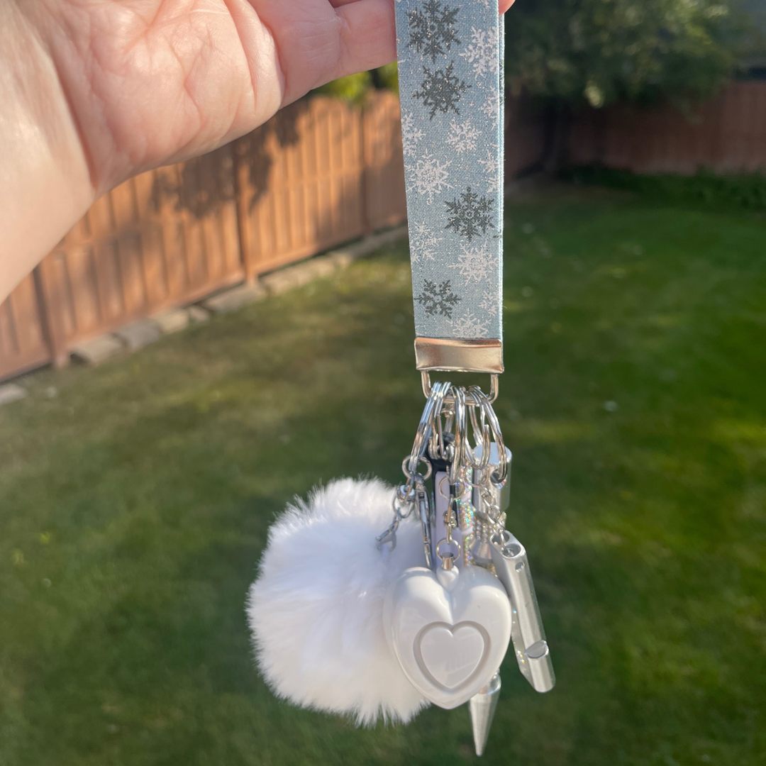 Sparkly Ice Blue Snowflake Wristlet Safety Keychain