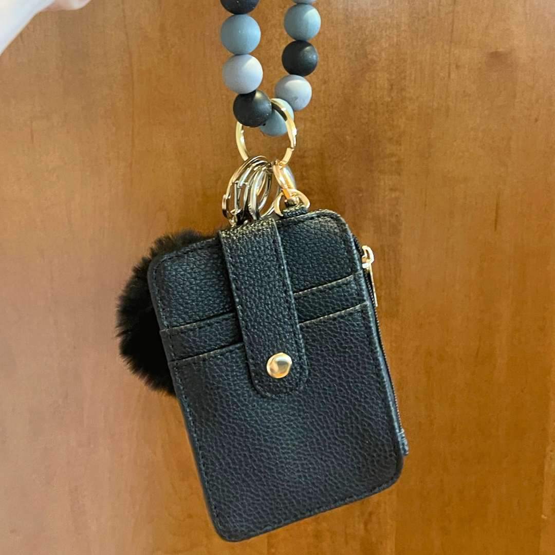 Classic Onyx Beaded Wristlet with Card Wallet Safety Keychain
