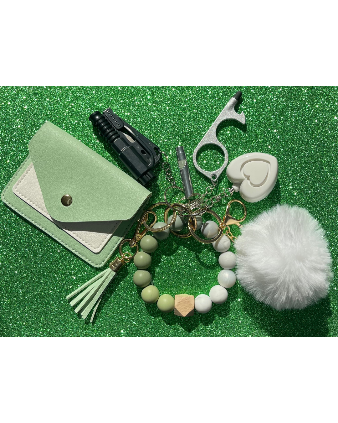 Mossmallow Beaded Wristlet With Card Wallet Safety Keychain