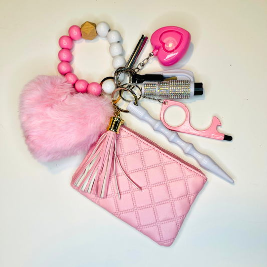 Pretty in Pink Beaded Wristlet with Coin Wallet Safety Keychain