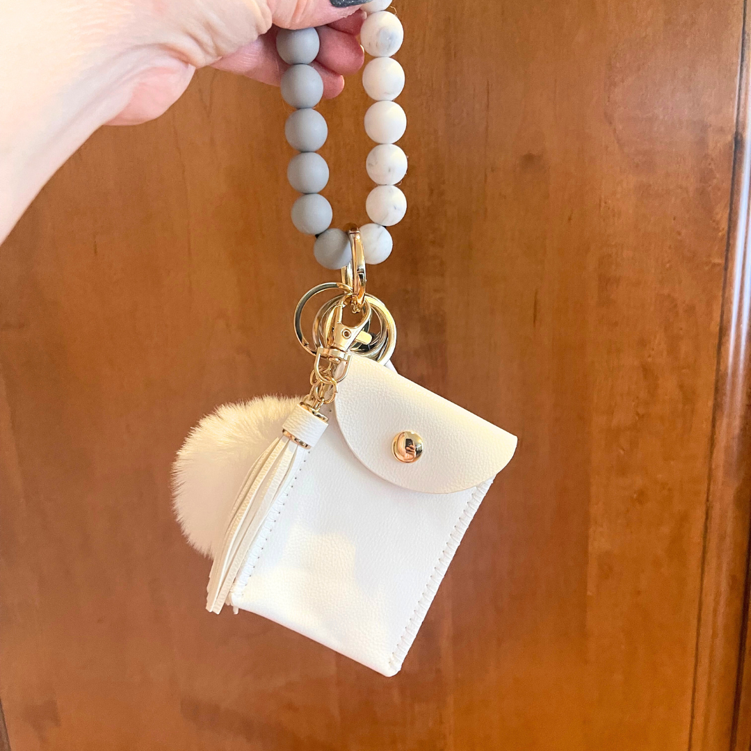 Ivory Beaded Wristlet With Card Wallet Safety Keychain
