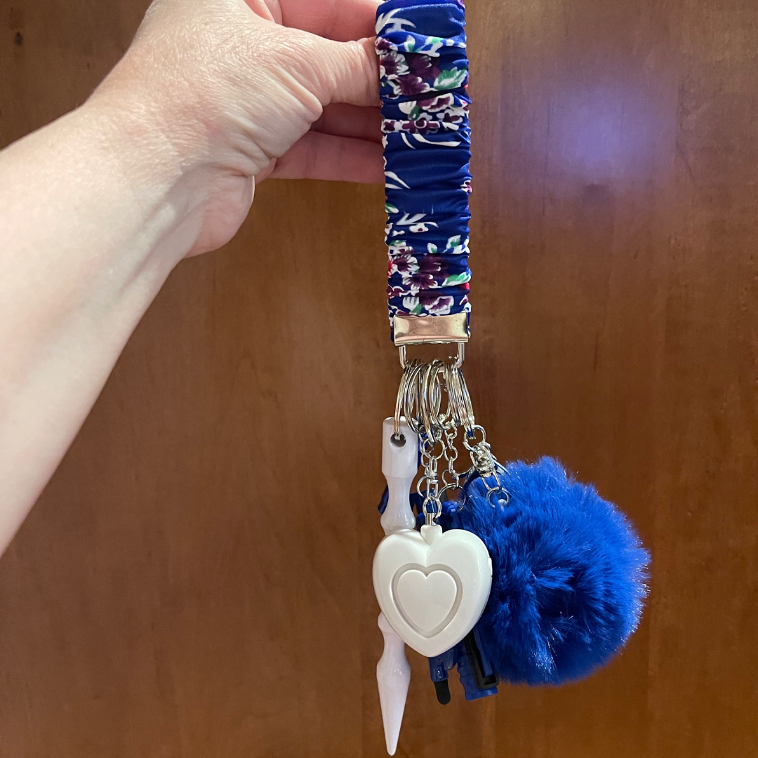 Blue Floral Scrunchie Wristlet Safety Keychain