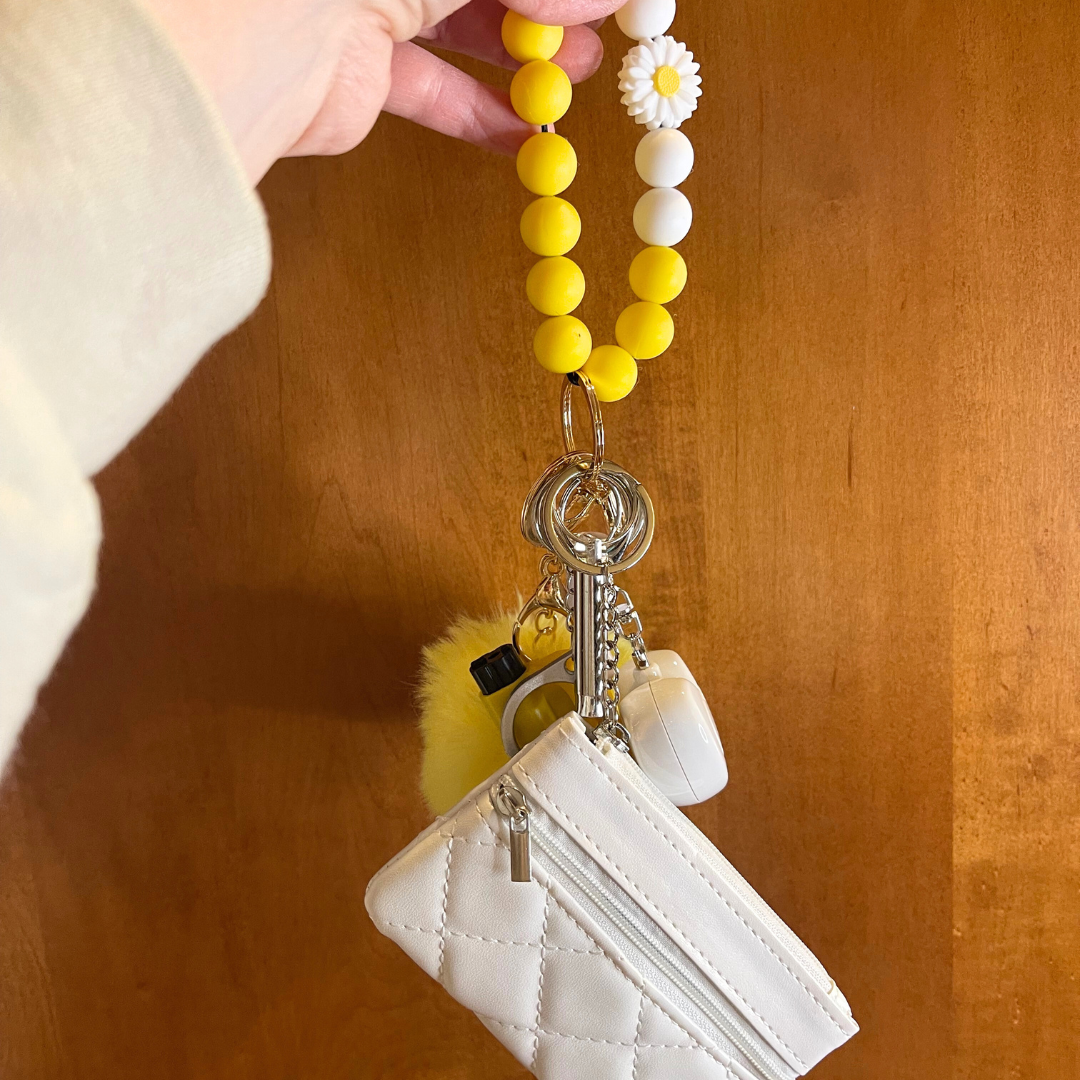 Daisy Beaded Wristlet with Coin Wallet Safety Keychain