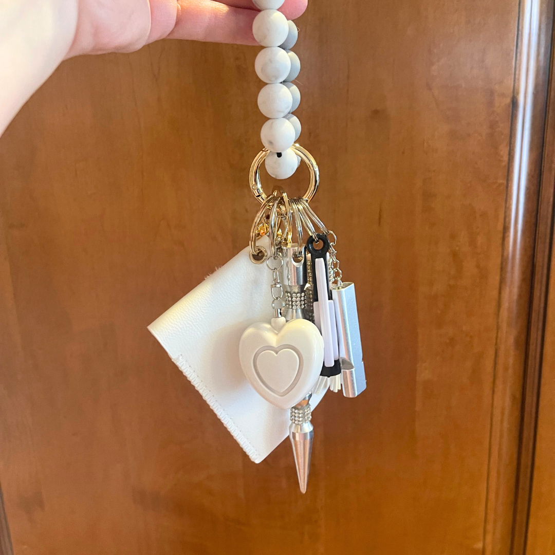 Ivory Beaded Wristlet With Card Wallet Safety Keychain