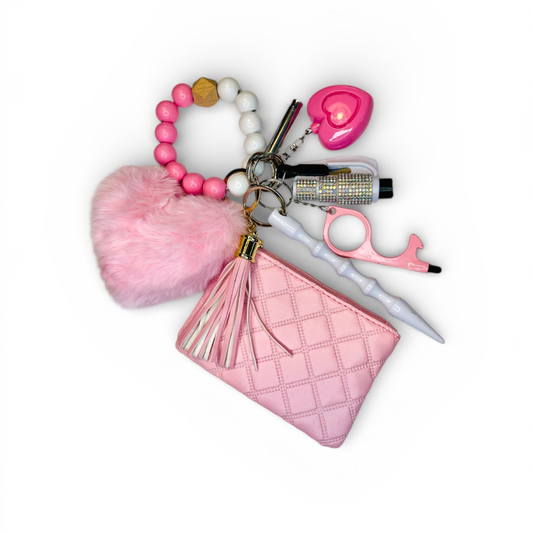 Pretty in Pink Beaded Wristlet with Coin Wallet Safety Keychain