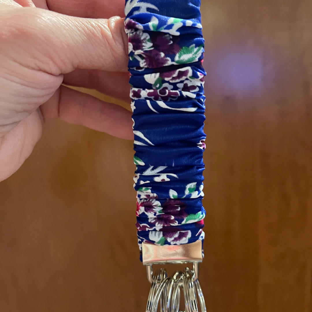 Blue Floral Scrunchie Wristlet Safety Keychain