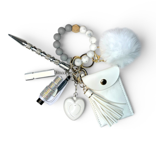 Ivory Beaded Wristlet With Card Wallet Safety Keychain