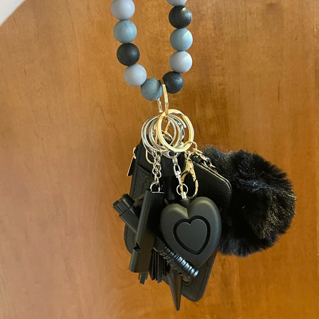 Classic Onyx Beaded Wristlet with Card Wallet Safety Keychain