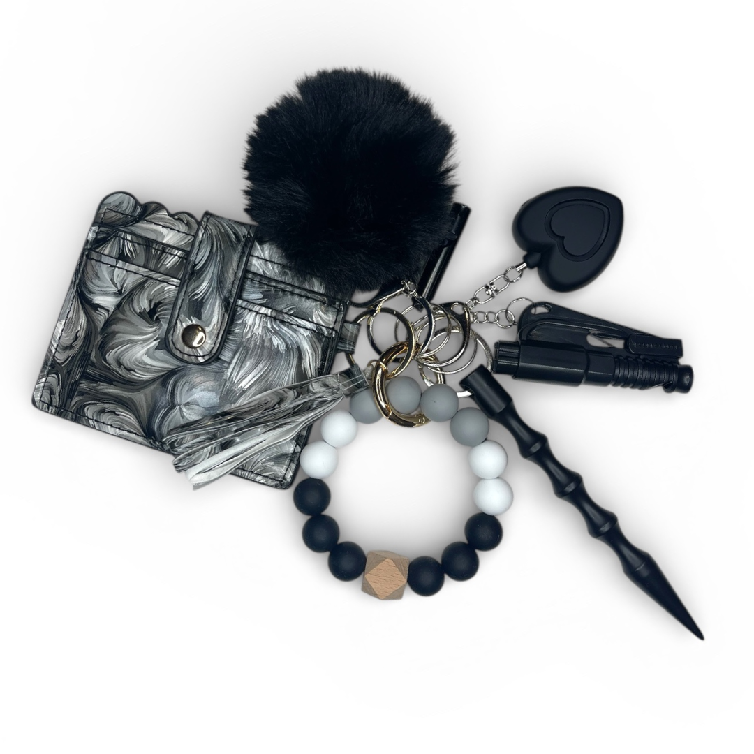 Black & White Marble Beaded Wristlet with Card Wallet Safety Keychain