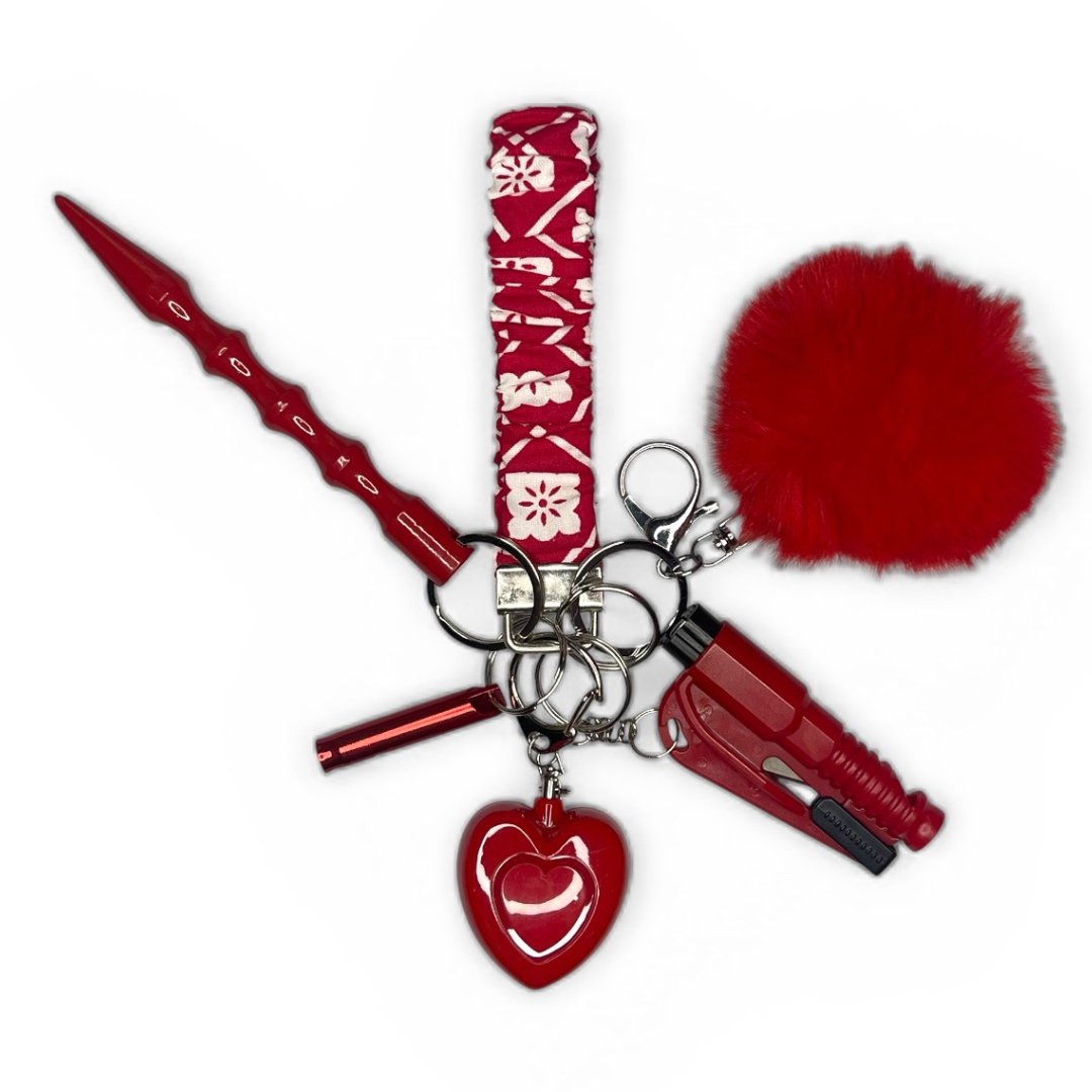 Red Floral Scrunchie Wristlet Safety Keychain
