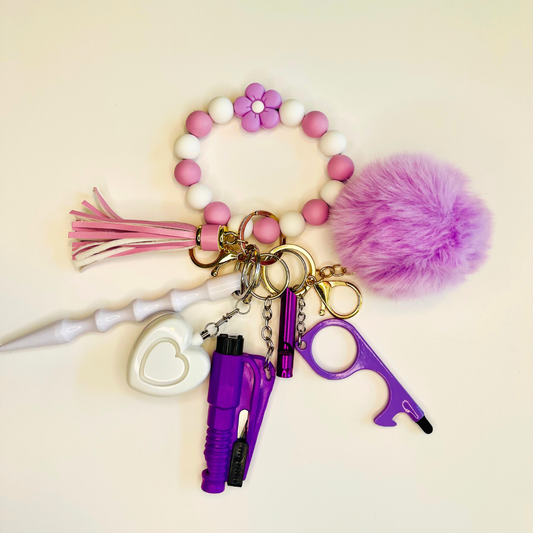 Lavender Flower Beaded Wristlet Safety Keychain
