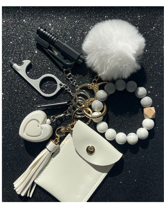 Ivory Beaded Wristlet With Card Wallet Safety Keychain