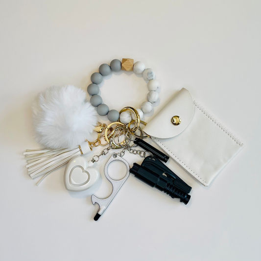 Ivory Beaded Wristlet With Card Wallet Safety Keychain